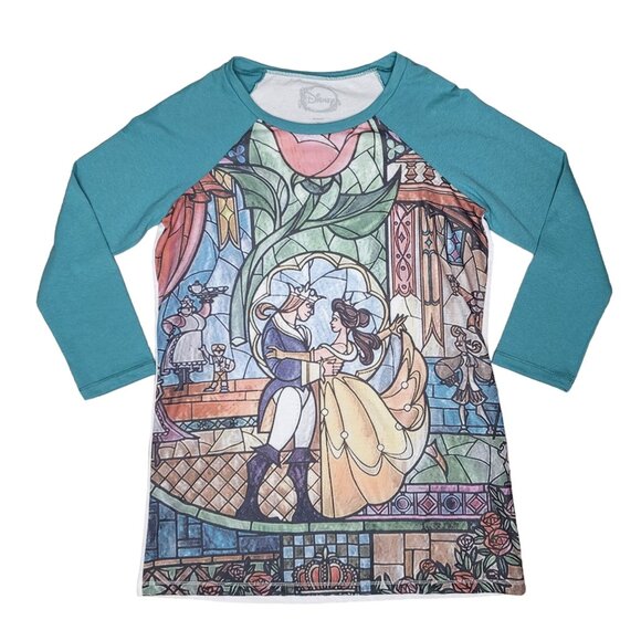 Disney Beauty & The Beast Stained Glass Raglan 3/4 sleeve Shirt size small - Picture 1 of 3